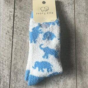 Ivory Ella Fuzzy Socks Blue Elephant White One Size
